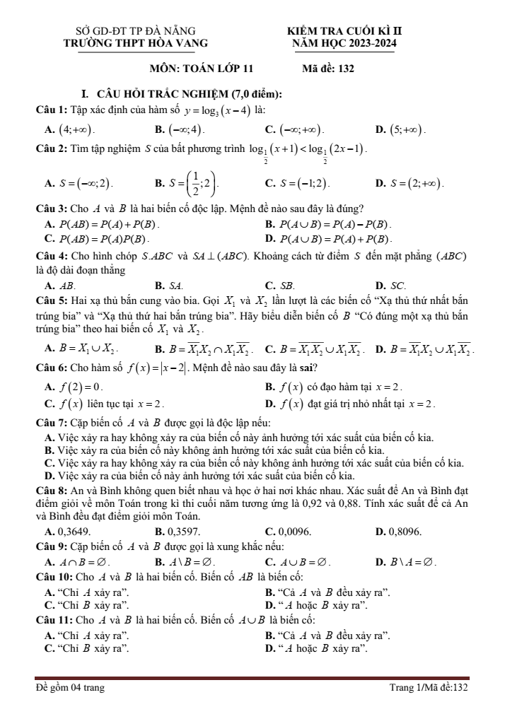 Đề thi Học kì 2 Toán 11 năm 2023-2024 trường THPT Hòa Vang (Đà Nẵng)