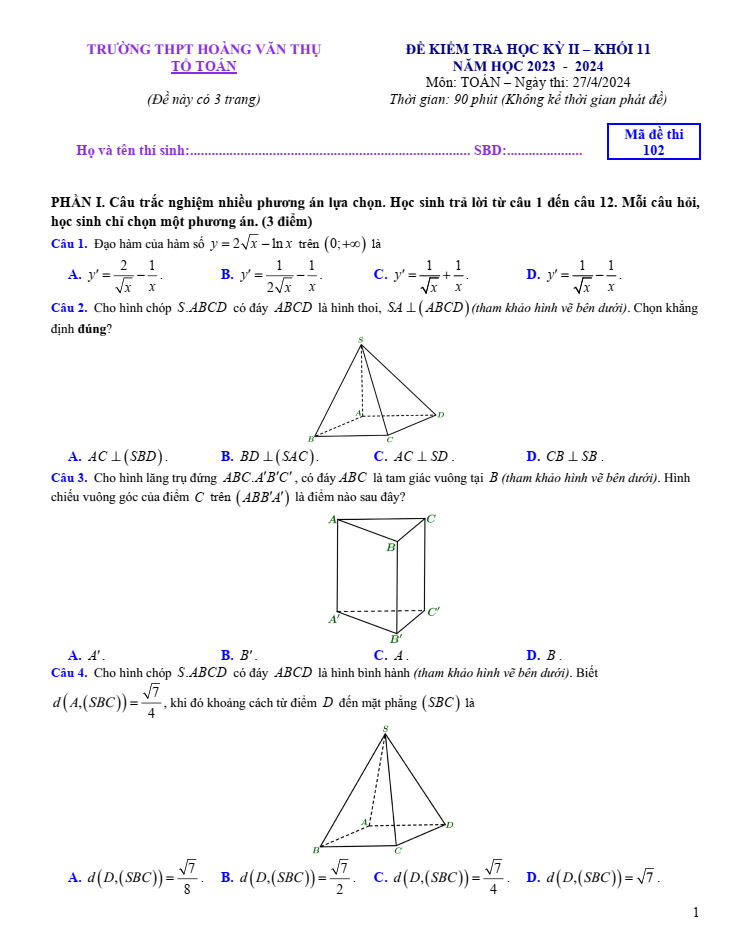Đề thi Học kì 2 Toán 11 năm 2023-2024 trường THPT Hoàng Văn Thụ