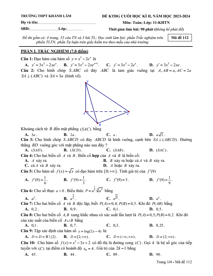Đề thi Học kì 2 Toán 11 năm 2023-2024 trường THPT Khánh Lâm (Cà Mau)