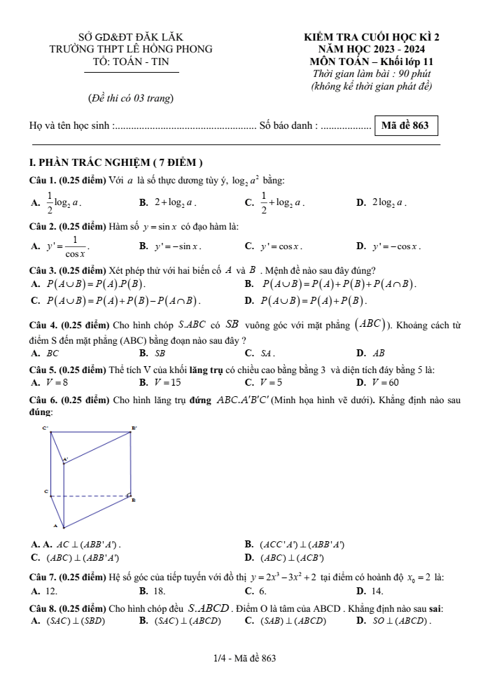 Đề thi Học kì 2 Toán 11 năm 2023-2024 trường THPT Lê Hồng Phong(Đắk Lắk)