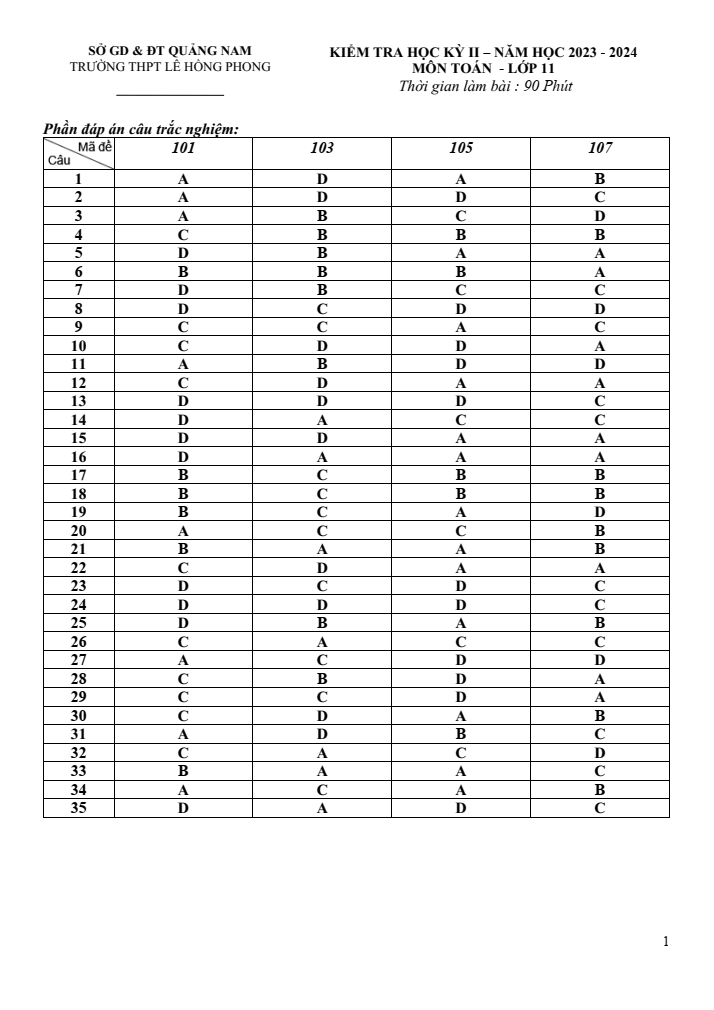 Đề thi Học kì 2 Toán 11 năm 2023-2024 trường THPT Lê Hồng Phong (Quảng Nam)