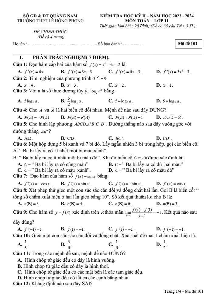 Đề thi Học kì 2 Toán 11 năm 2023-2024 trường THPT Lê Hồng Phong (Quảng Nam)