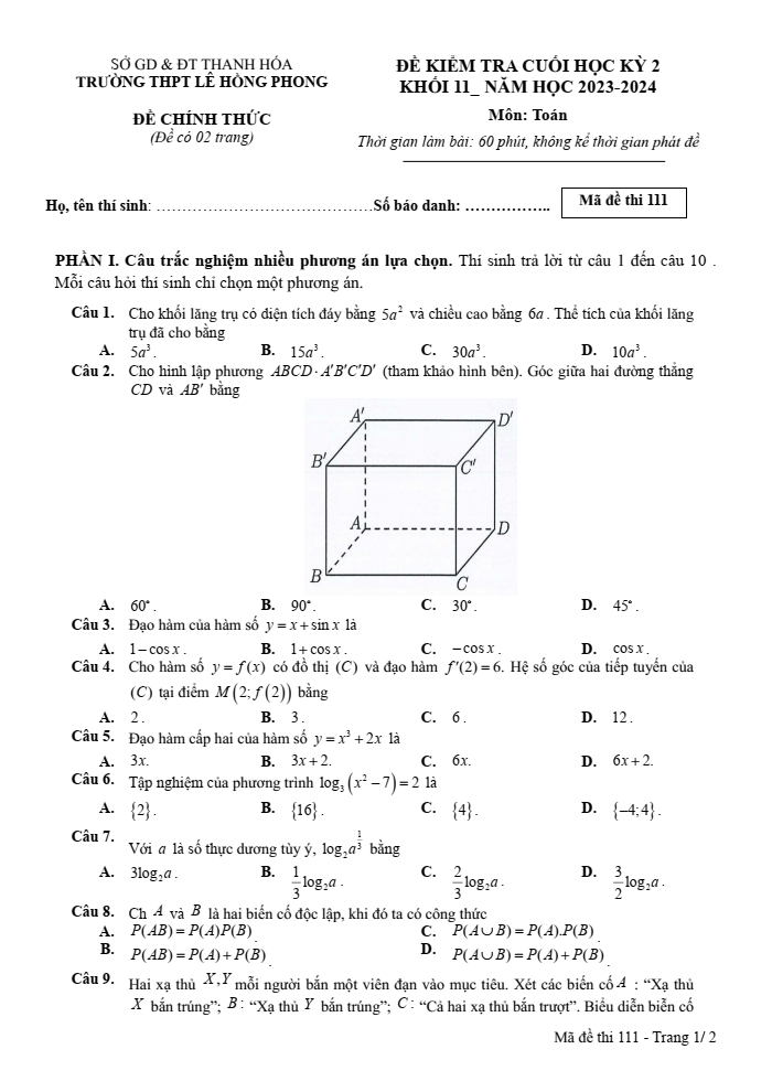 Đề thi Học kì 2 Toán 11 năm 2023-2024 trường THPT Lê Hồng Phong (Thanh Hóa)
