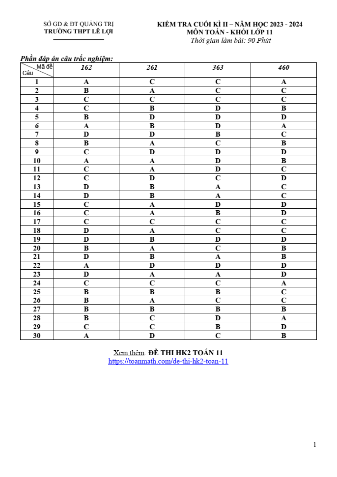 Đề thi Học kì 2 Toán 11 năm 2023-2024 trường THPT Lê Lợi (Quảng Trị)