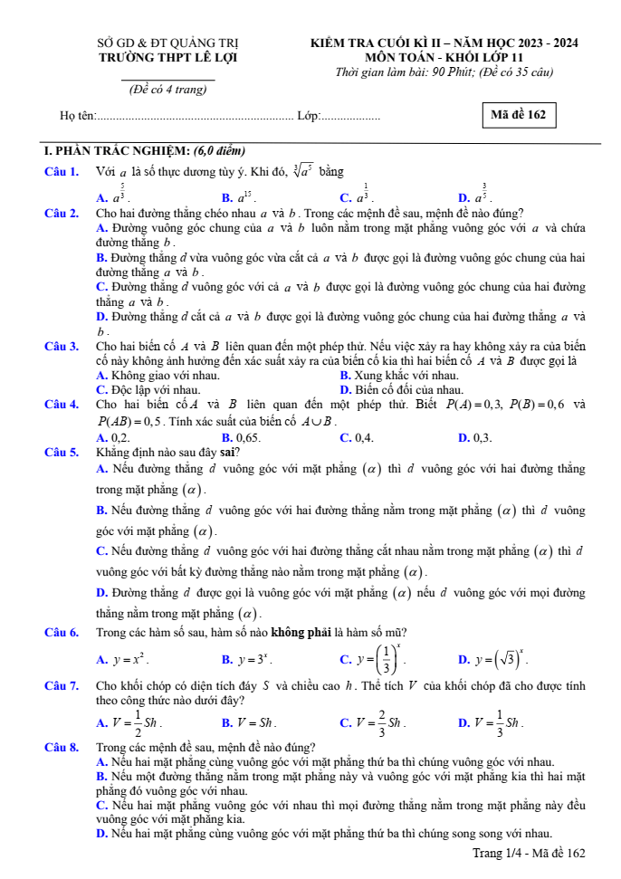 Đề thi Học kì 2 Toán 11 năm 2023-2024 trường THPT Lê Lợi (Quảng Trị)