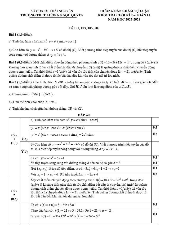 Đề thi Học kì 2 Toán 11 năm 2023-2024 trường THPT Lương Ngọc Quyến (Thái Nguyên)