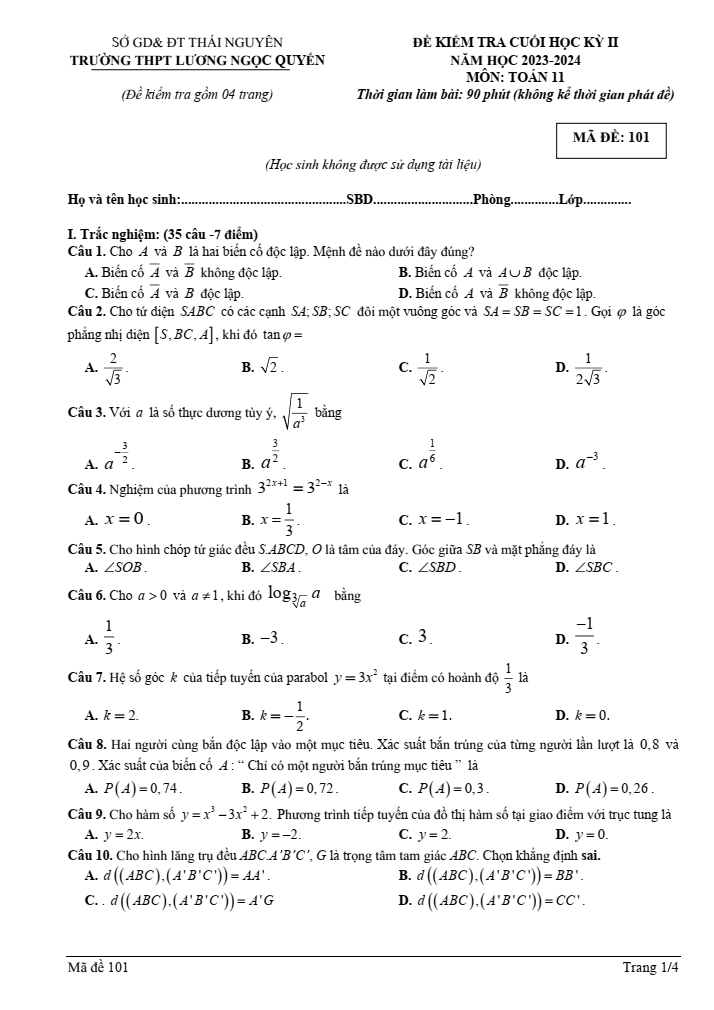 Đề thi Học kì 2 Toán 11 năm 2023-2024 trường THPT Lương Ngọc Quyến (Thái Nguyên)
