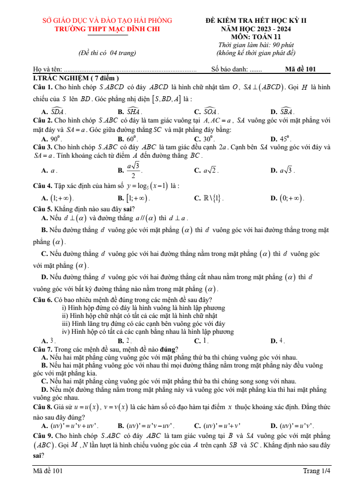 Đề thi Học kì 2 Toán 11 năm 2023-2024 trường THPT Mạc Đĩnh Chi (Hải Phòng)