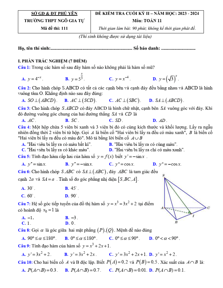 Đề thi Học kì 2 Toán 11 năm 2023-2024 trường THPT Ngô Gia Tự (Phú Yên)