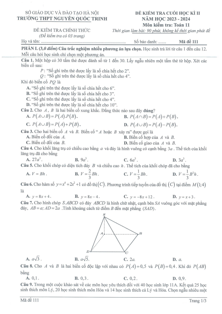 Đề thi Học kì 2 Toán 11 năm 2023-2024 trường THPT Nguyễn Quốc Trinh (Hà Nội)