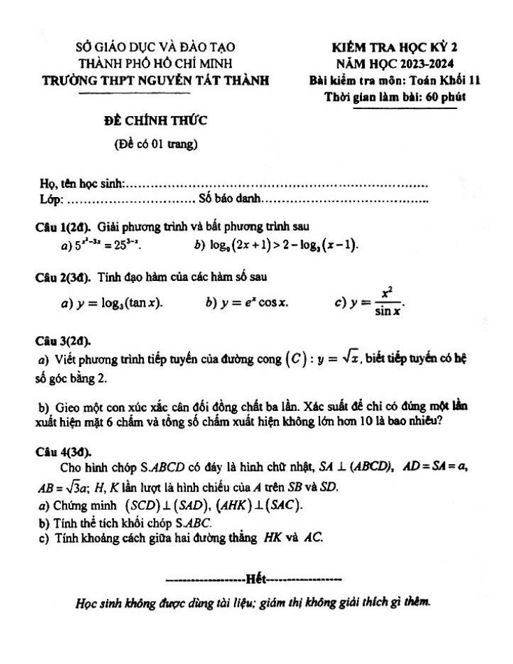 Đề thi Học kì 2 Toán 11 năm 2023-2024 trường THPT Nguyễn Tất Thành(TP HCM)