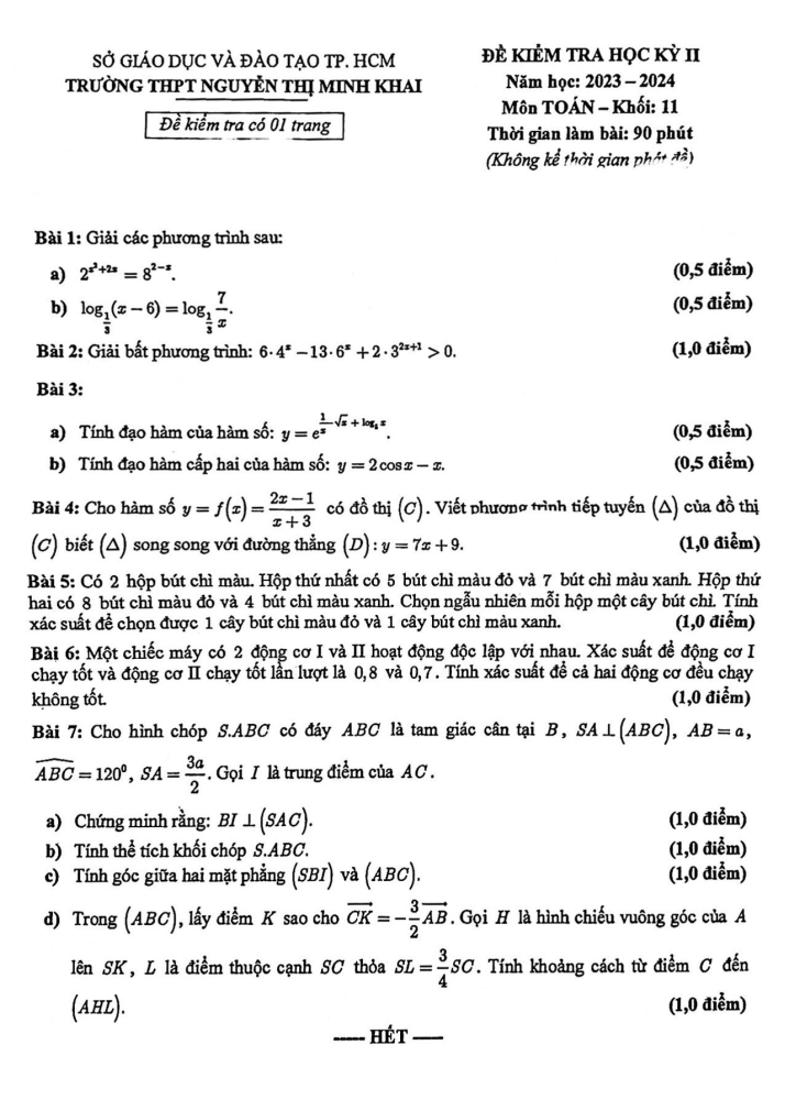 Đề thi Học kì 2 Toán 11 năm 2023-2024 trường THPT Nguyễn Thị Minh Khai(TP HCM)