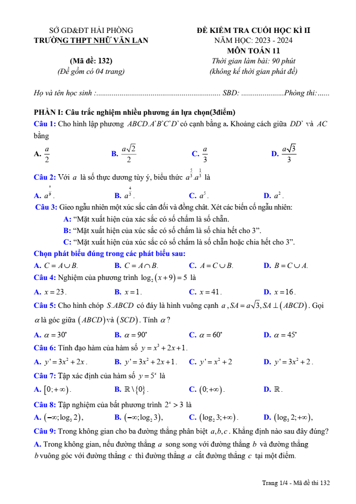Đề thi Học kì 2 Toán 11 năm 2023-2024 trường THPT Nhữ Văn Lan (Hải Phòng)