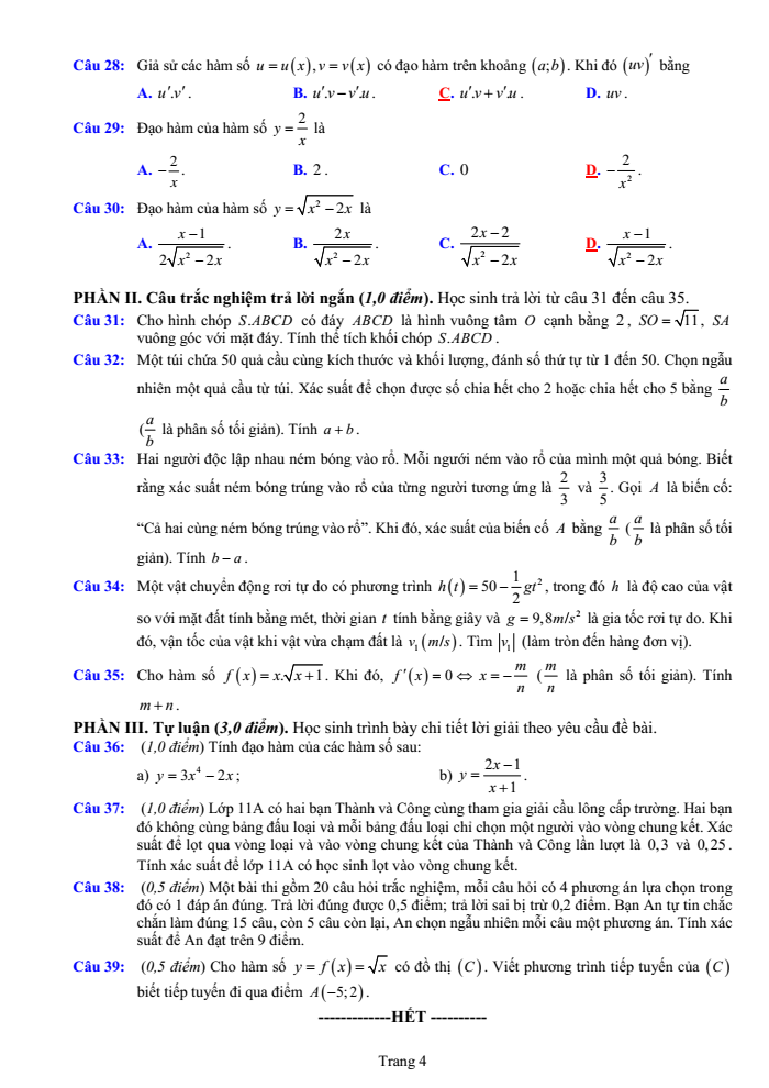 Đề thi Học kì 2 Toán 11 năm 2023-2024 trường THPT Phạm Phú Thứ (Đà Nẵng)