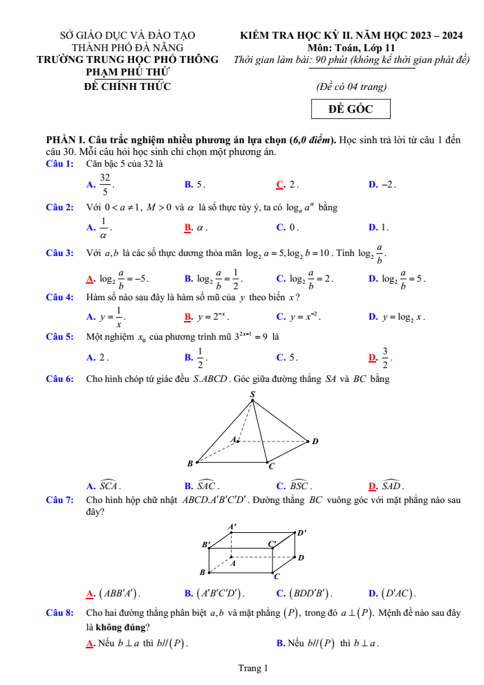 Đề thi Học kì 2 Toán 11 năm 2023-2024 trường THPT Phạm Phú Thứ (Đà Nẵng)