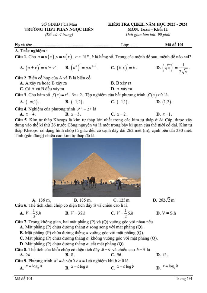 Đề thi Học kì 2 Toán 11 năm 2023-2024 trường THPT Phan Ngọc Hiển (Cà Mau)