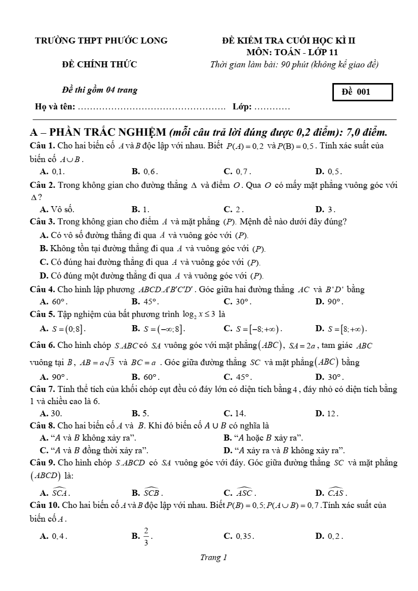 Đề thi Học kì 2 Toán 11 năm 2023-2024 trường THPT Phước Long (Bình Phước)