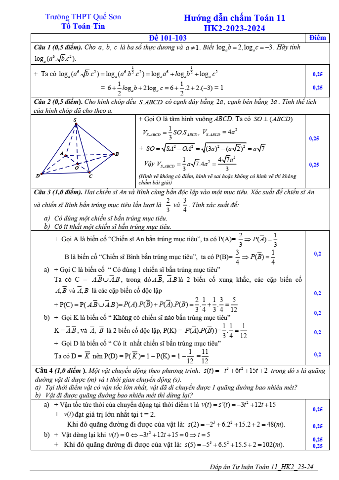 Đề thi Học kì 2 Toán 11 năm 2023-2024 trường THPT Quế Sơn (Quảng Nam)