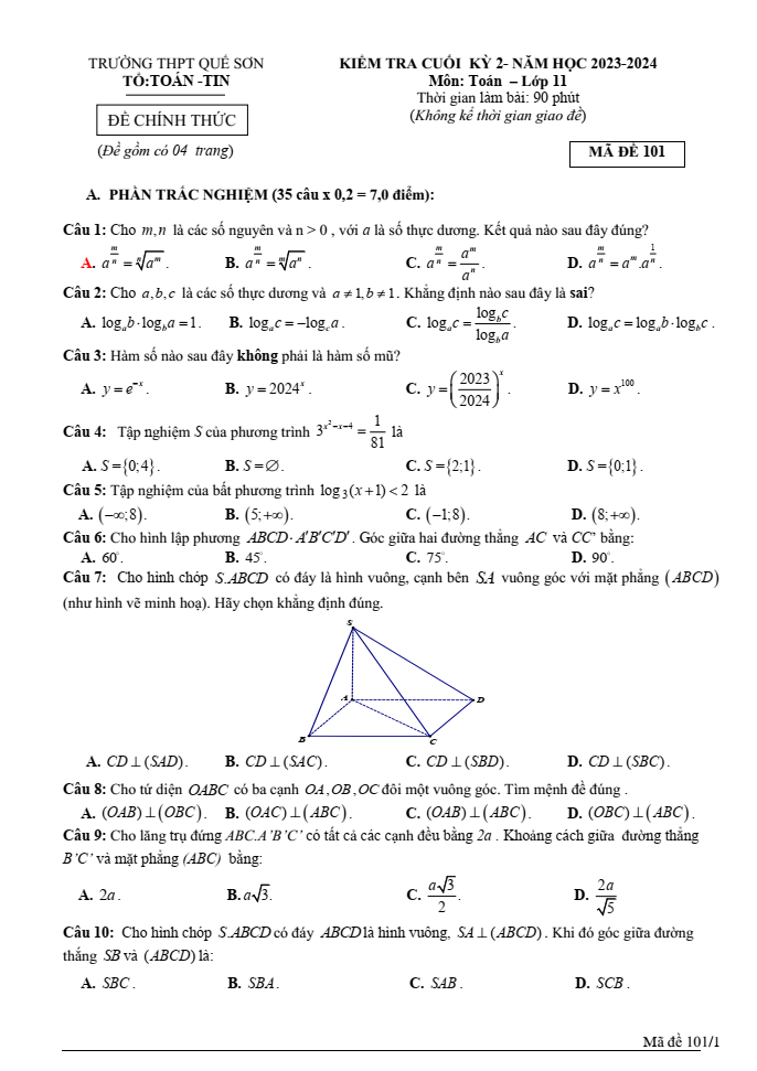 Đề thi Học kì 2 Toán 11 năm 2023-2024 trường THPT Quế Sơn (Quảng Nam)