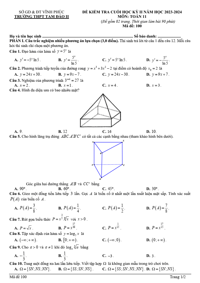 Đề thi Học kì 2 Toán 11 năm 2023-2024 trường THPT Tam Đảo 2(Vĩnh Phúc)