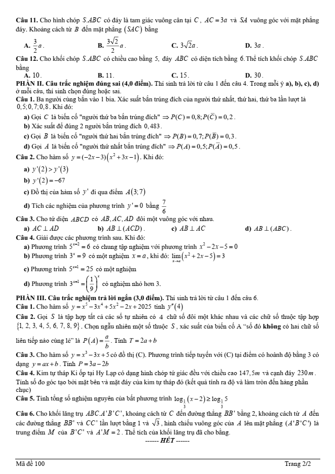 Đề thi Học kì 2 Toán 11 năm 2023-2024 trường THPT Tam Đảo 2(Vĩnh Phúc)