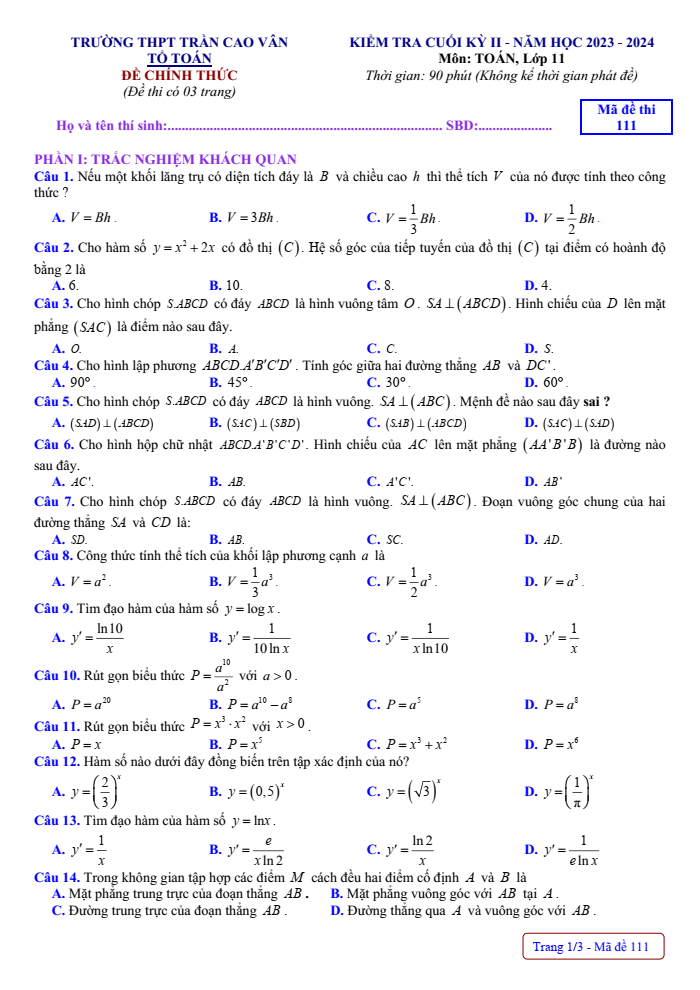 Đề thi Học kì 2 Toán 11 năm 2023-2024 trường THPT Trần Cao Vân (Gia Lai)