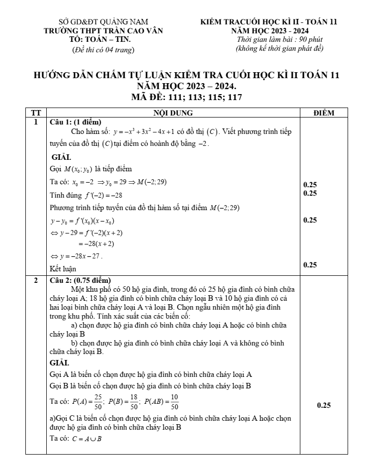 Đề thi Học kì 2 Toán 11 năm 2023-2024 trường THPT Trần Cao Vân (Quảng Nam)