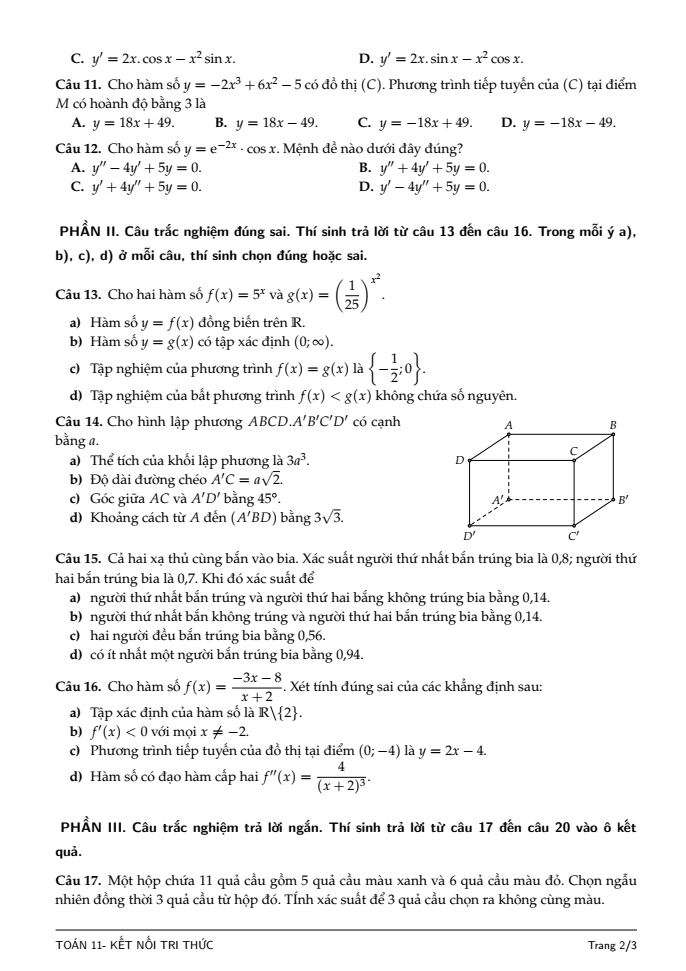 Đề thi Học kì 2 Toán 11 năm 2023-2024 THPT Trương Vĩnh Ký (Bến Tre)