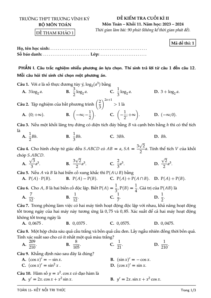 Đề thi Học kì 2 Toán 11 năm 2023-2024 THPT Trương Vĩnh Ký (Bến Tre)