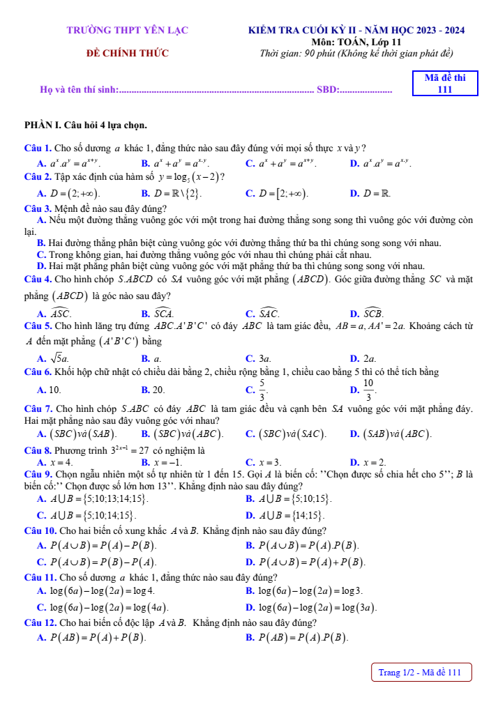Đề thi Học kì 2 Toán 11 năm 2023-2024 trường THPT Yên Lạc (Vĩnh Phúc)