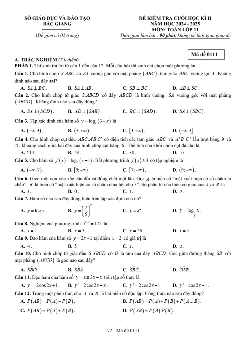 Đề thi Học kì 2 Toán 11 sở GD&ĐT Bắc Giang năm 2024-2025