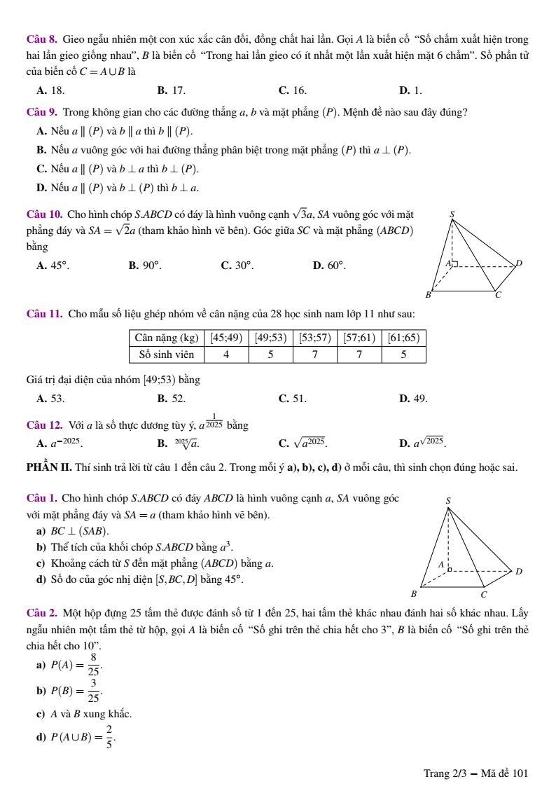 Đề thi Học kì 2 Toán 11 sở GD&ĐT Nam Định năm 2024-2025