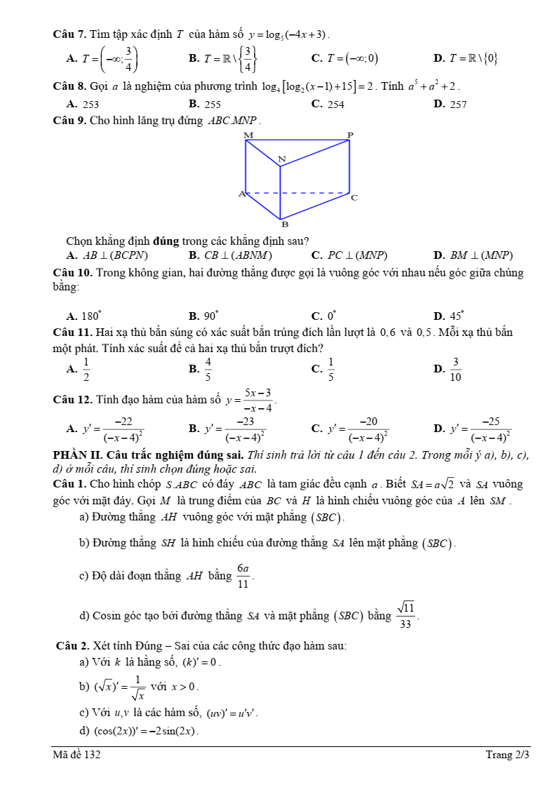Đề thi Học kì 2 Toán 11 trường chuyên Thoại Ngọc Hầu (An Giang) năm 2024-2025