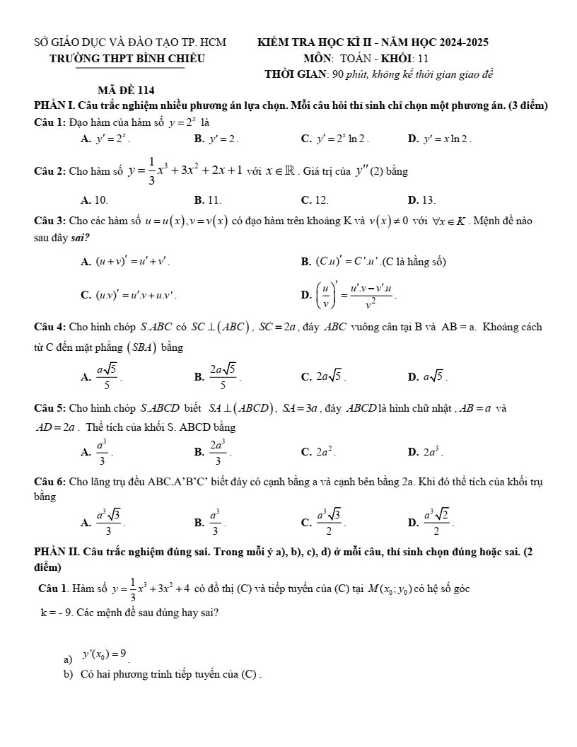 Đề thi Học kì 2 Toán 11 trường THPT Bình Chiểu (Tp.HCM) năm 2024-2025
