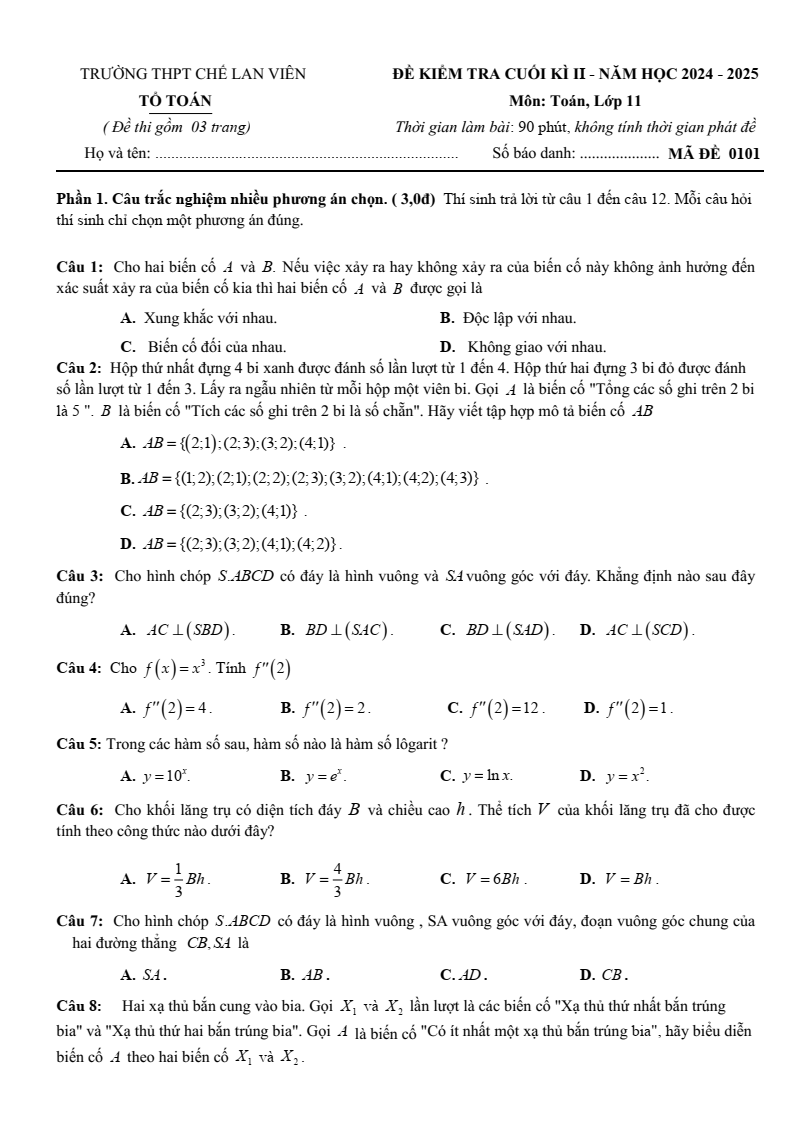 Đề thi Học kì 2 Toán 11 trường THPT Chế Lan Viên (Quảng Trị) năm 2024-2025