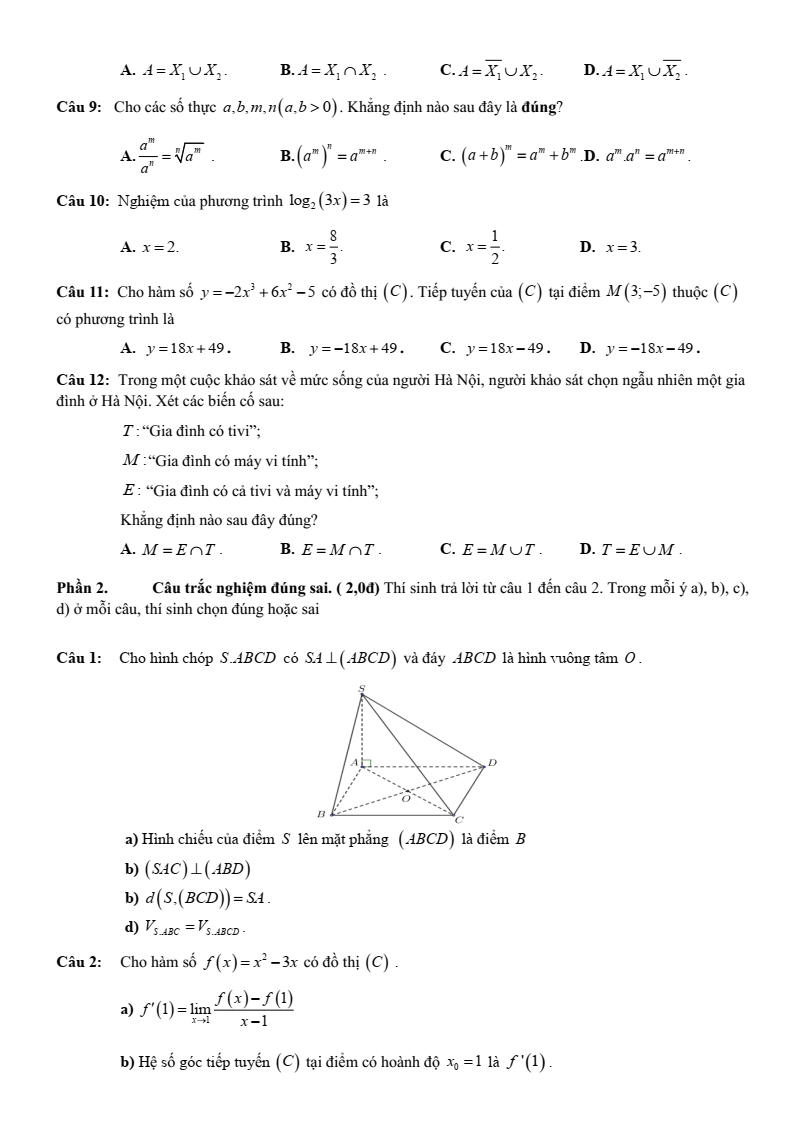Đề thi Học kì 2 Toán 11 trường THPT Chế Lan Viên (Quảng Trị) năm 2024-2025