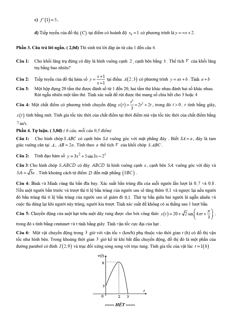 Đề thi Học kì 2 Toán 11 trường THPT Chế Lan Viên (Quảng Trị) năm 2024-2025