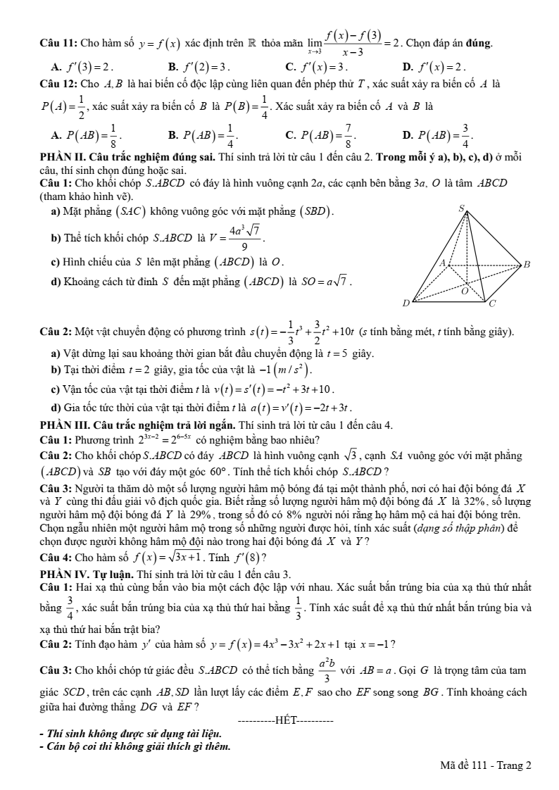 Đề thi Học kì 2 Toán 11 trường THPT Hùng Thắng (Hải Phòng) năm 2024-2025