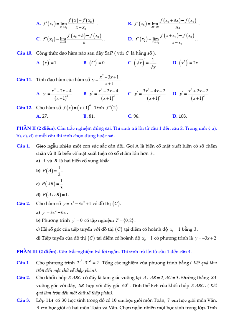 Đề thi Học kì 2 Toán 11 trường THPT Hùng Vương (Bình Phước) năm 2024-2025