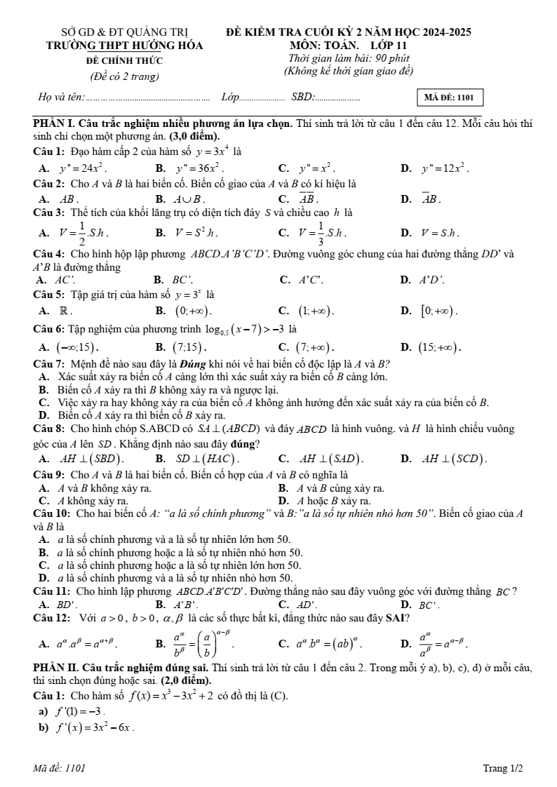 Đề thi Học kì 2 Toán 11 trường THPT Hướng Hóa (Quảng Trị) năm 2024-2025