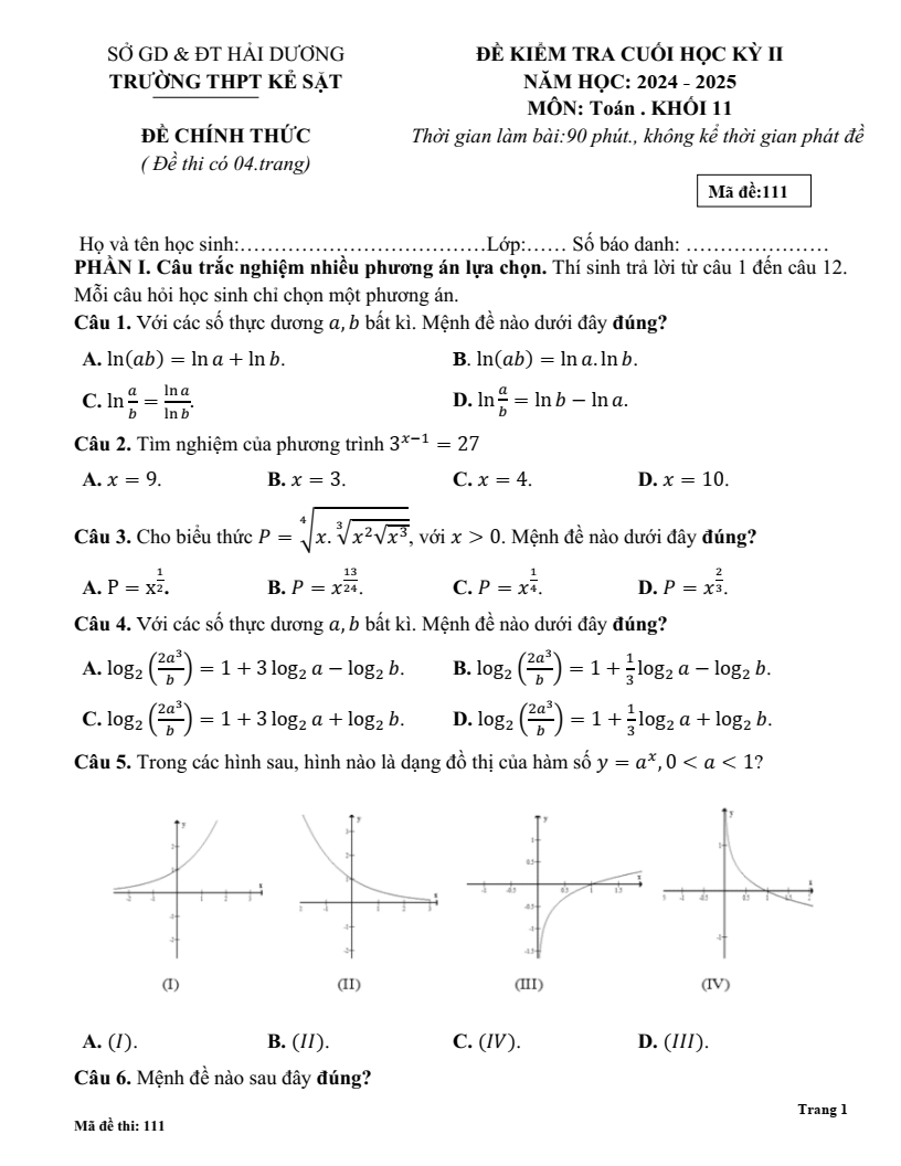 Đề thi Học kì 2 Toán 11 trường THPT Kẻ Sặt (Hải Dương) năm 2024-2025