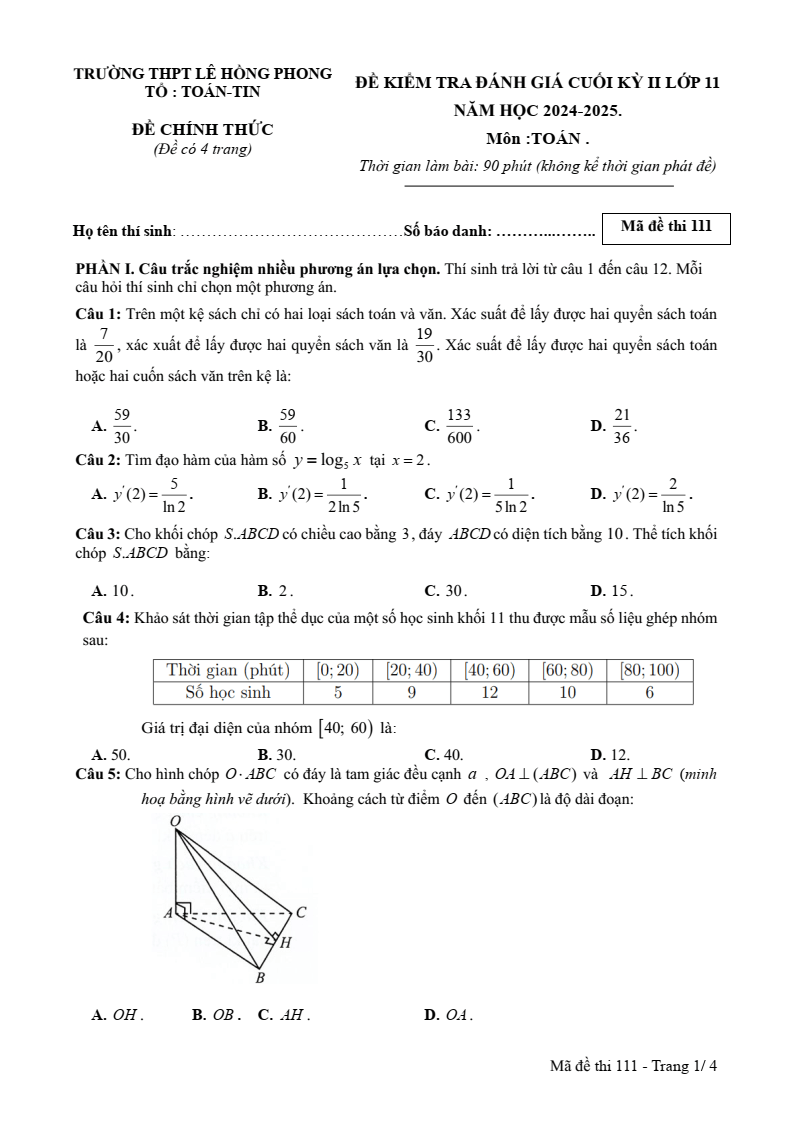 Đề thi Học kì 2 Toán 11 trường THPT Lê Hồng Phong (Đắk Lắk) năm 2024-2025