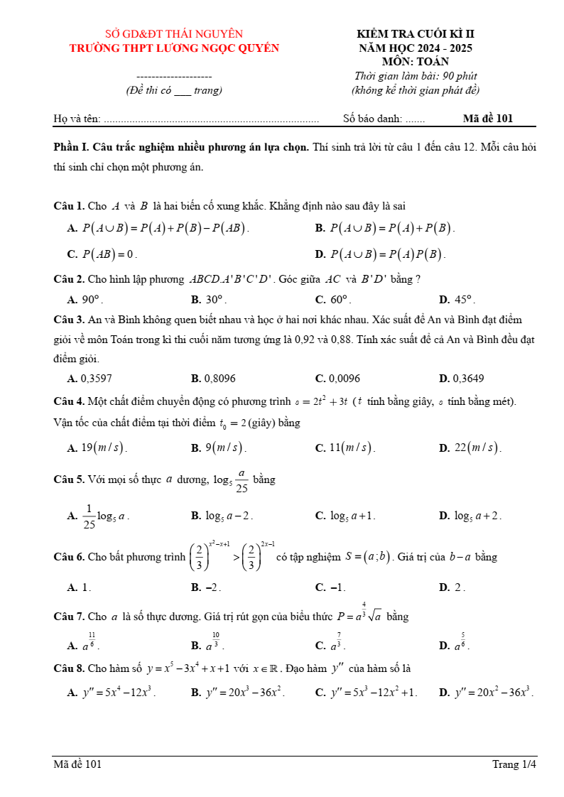 Đề thi Học kì 2 Toán 11 trường THPT Lương Ngọc Quyến (Thái Nguyên) năm 2024-2025