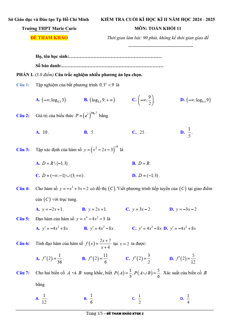 Đề thi Học kì 2 Toán 11 trường THPT Marie Curie (Tp.HCM) năm 2024-2025