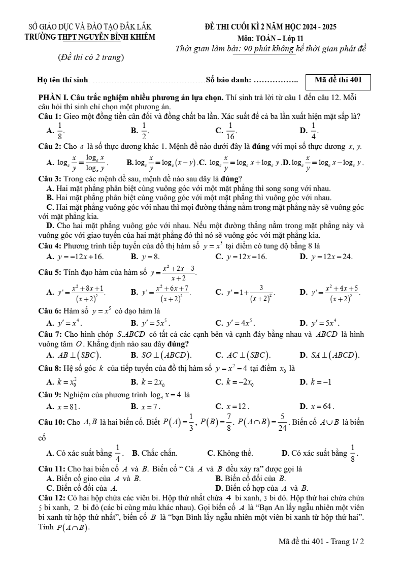 Đề thi Học kì 2 Toán 11 trường THPT Nguyễn Bỉnh Khiêm (Đắk Lắk) năm 2024-2025