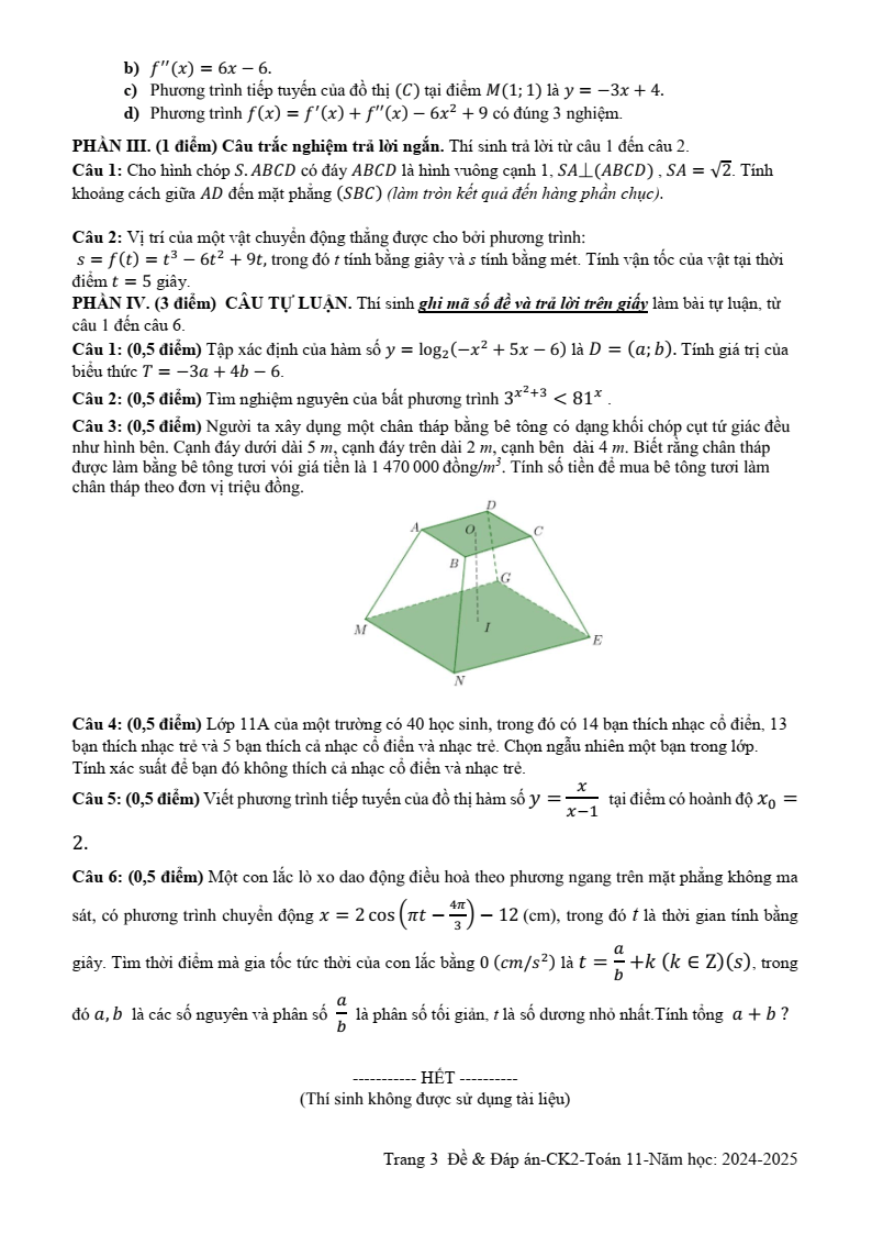 Đề thi Học kì 2 Toán 11 trường THPT Ngô Gia Tự (Phú Yên) năm 2024-2025