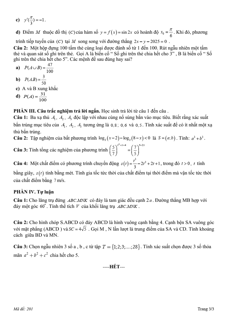 Đề thi Học kì 2 Toán 11 trường THPT Ngô Gia Tự (Đắk Lắk) năm 2024-2025