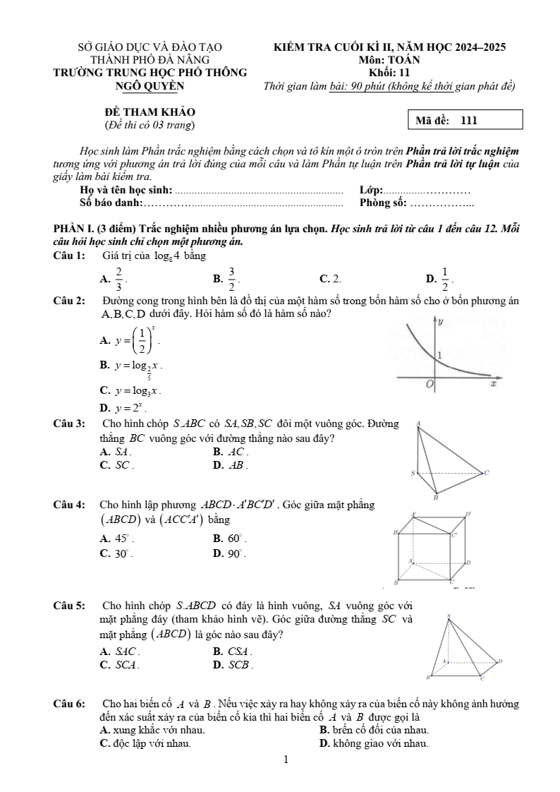 Đề thi Học kì 2 Toán 11 trường THPT Ngô Quyền (Đà Nẵng) năm 2024-2025