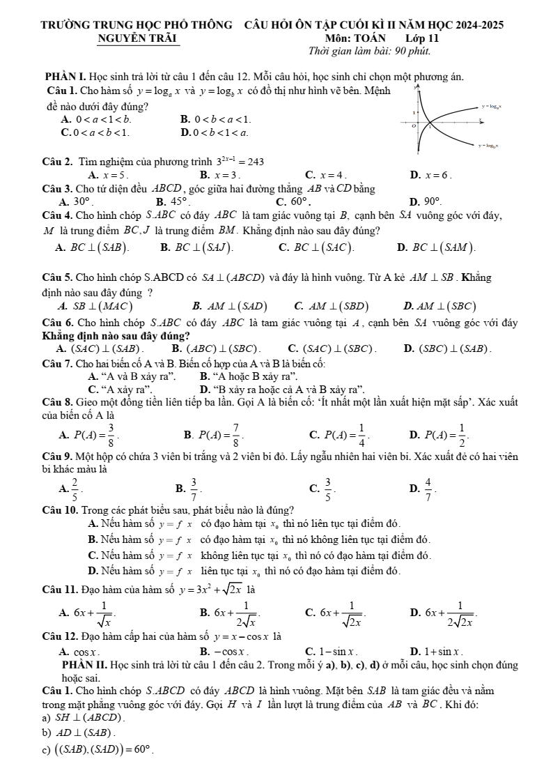 Đề thi Học kì 2 Toán 11 trường THPT Nguyễn Trãi (Đà Nẵng) năm 2024-2025