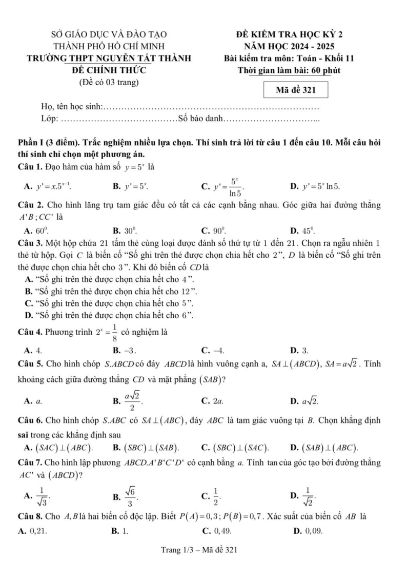 Đề thi Học kì 2 Toán 11 trường THPT Nguyễn Tất Thành (Tp.HCM) năm 2024-2025